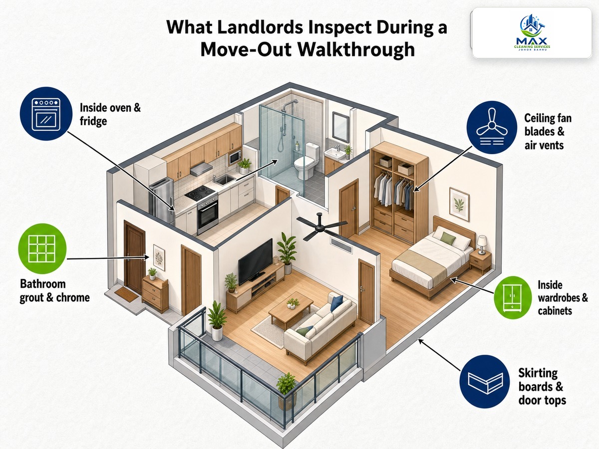 Infographic — Mount Austin condo move-out cleaning checklist: kitchen, bathrooms, bedrooms, common areas, with task counts per zone