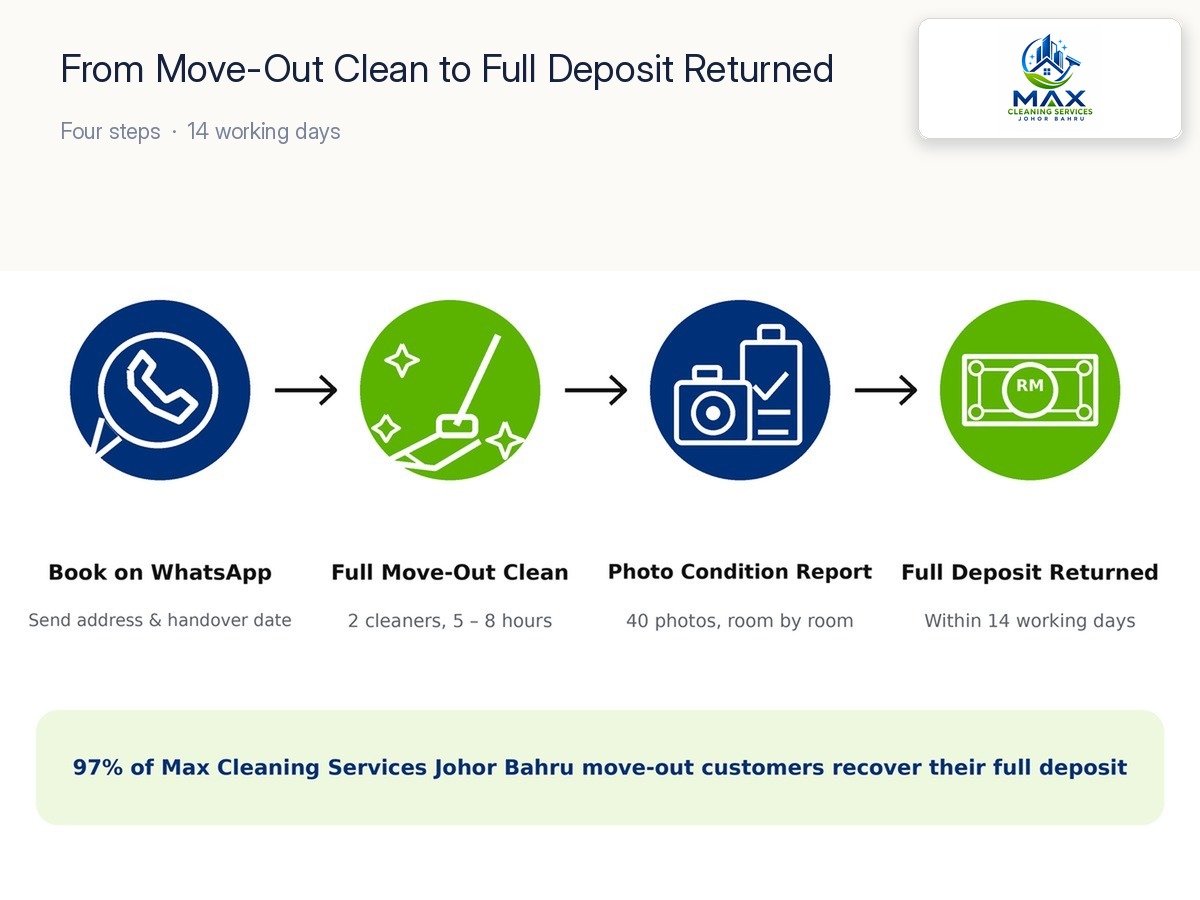 Infographic — Mount Austin condo move-out cleaning outcome: full RM 4,500 deposit returned, zero deductions, 14-day return timeline